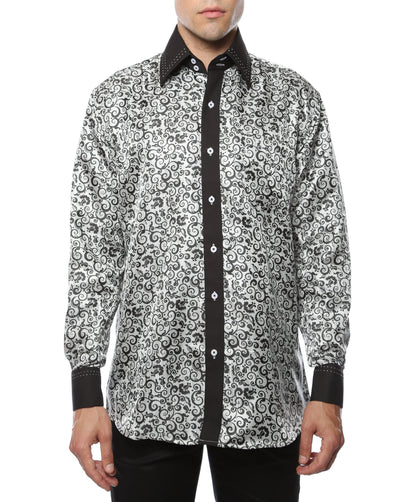 Men's Black & White Baroque Scroll Satin Dress Shirt – High Collar, French Cuff | Ferrecci Hi-1021