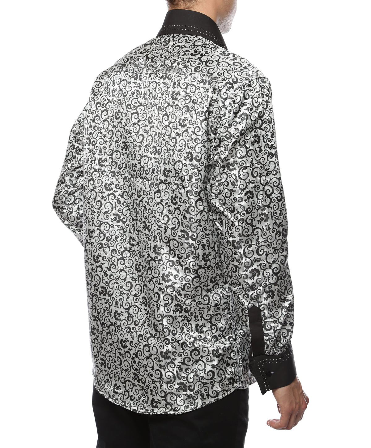 Men's Black & White Baroque Scroll Satin Dress Shirt – High Collar, French Cuff | Ferrecci Hi-1021