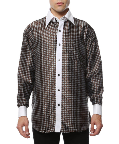 Men's Brown Circle Print Satin Dress Shirt – High Collar, French Cuff | Ferrecci Hi-1022