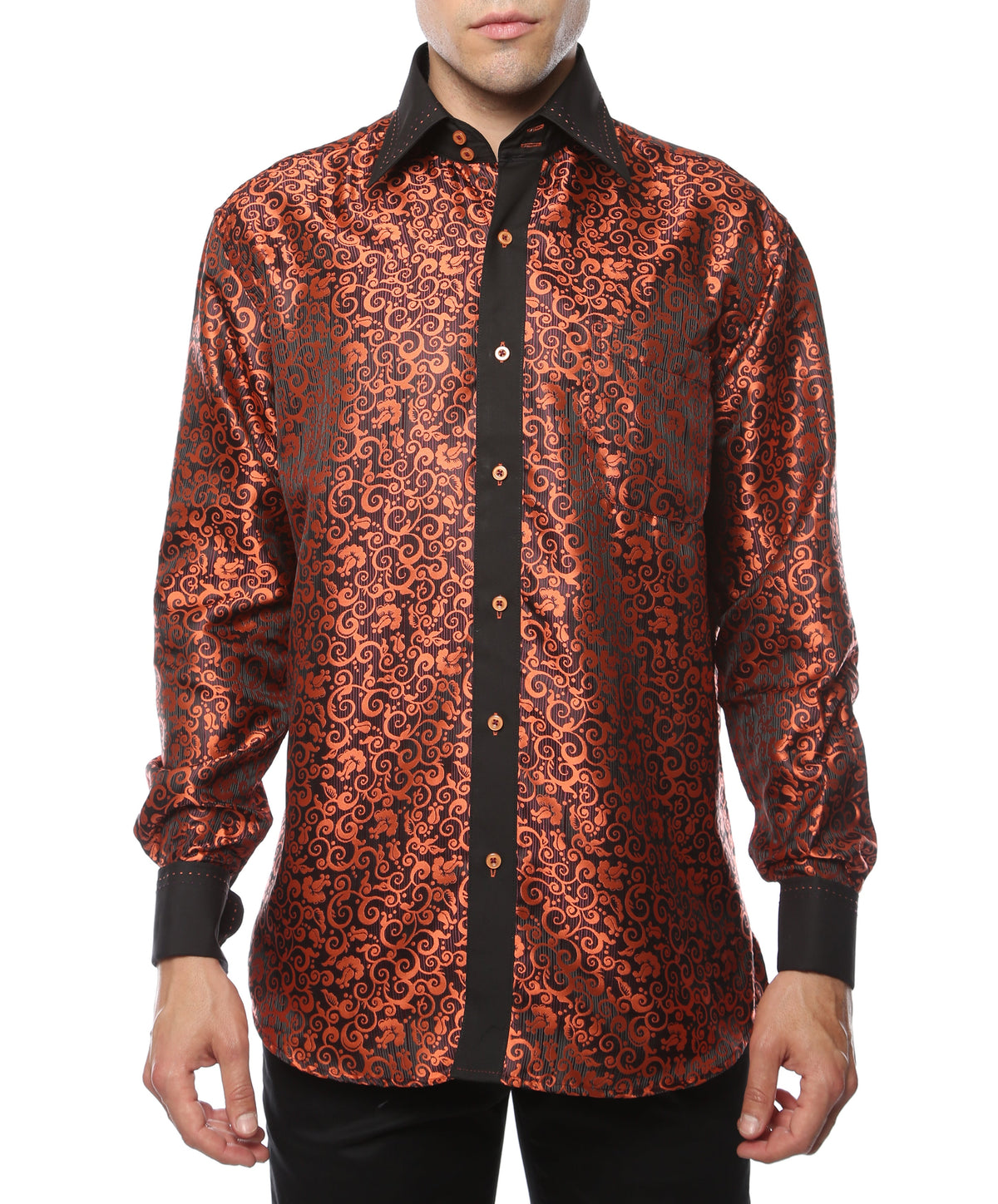 Men's Black & Orange Baroque Scroll Satin Dress Shirt – High Collar, French Cuff | Ferrecci Hi-1024