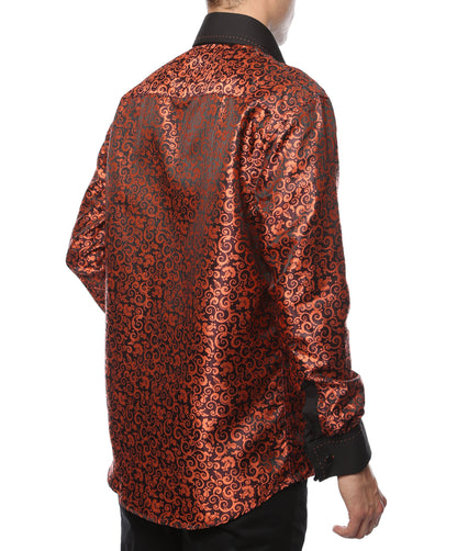 Men's Black & Orange Baroque Scroll Satin Dress Shirt – High Collar, French Cuff | Ferrecci Hi-1024