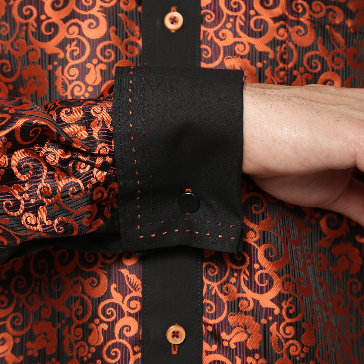 Men's Black & Orange Baroque Scroll Satin Dress Shirt – High Collar, French Cuff | Ferrecci Hi-1024