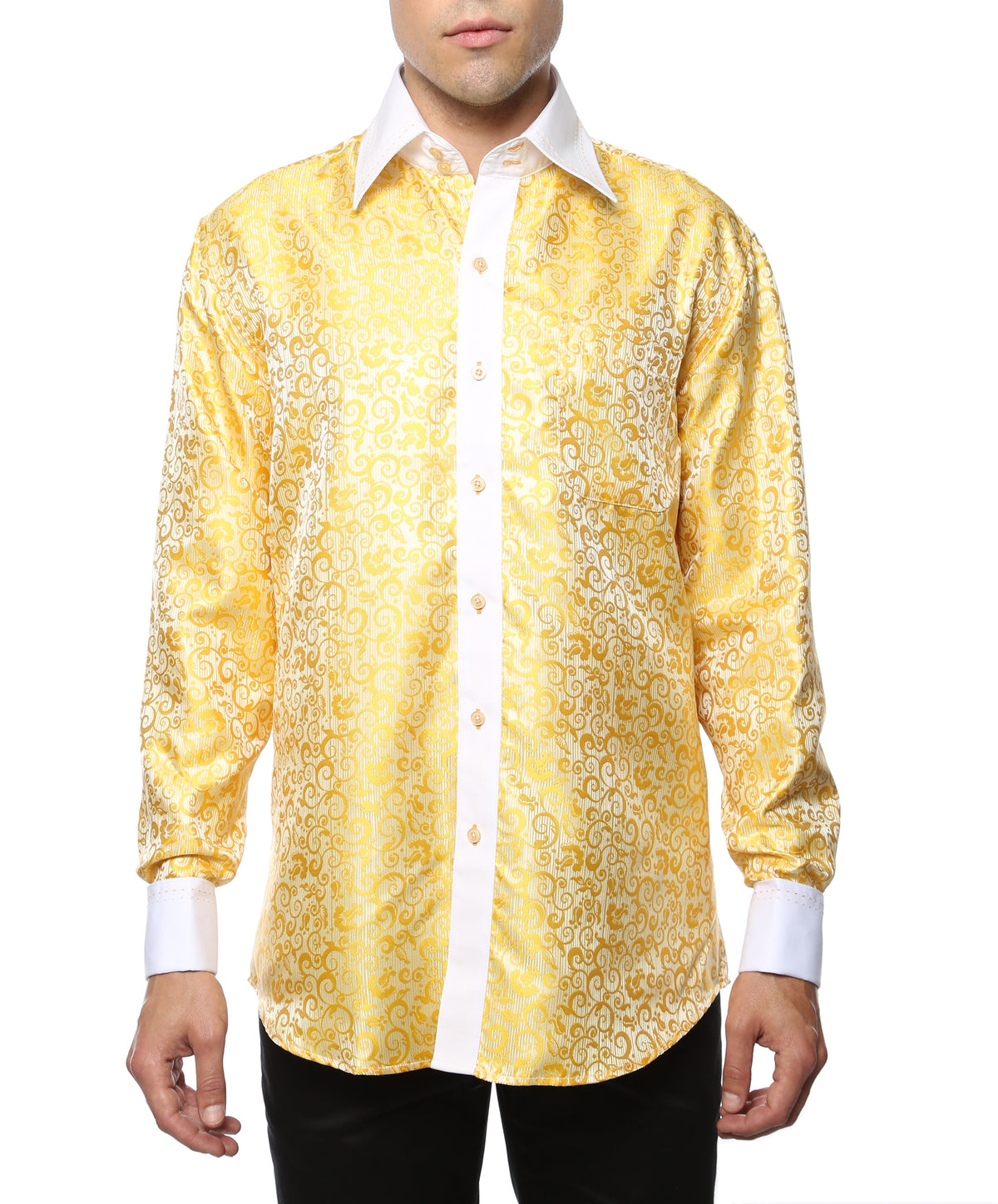 Men's Yellow Baroque Scroll Satin Dress Shirt – High Collar, French Cuff | Ferrecci Hi-1026