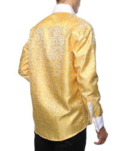 Men's Yellow Baroque Scroll Satin Dress Shirt – High Collar, French Cuff | Ferrecci Hi-1026