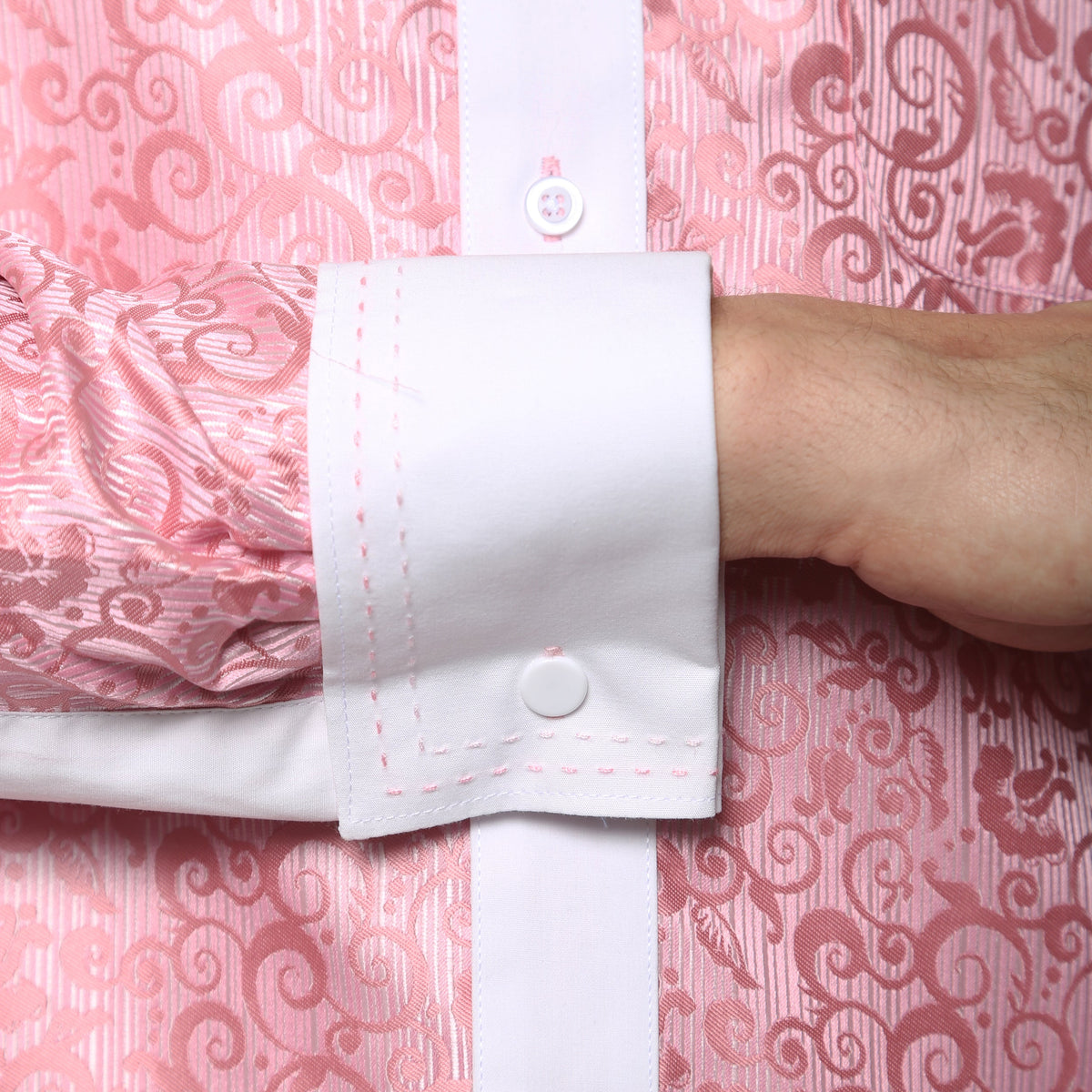 Men's Pink Baroque Scroll Satin Dress Shirt – High Collar, French Cuff | Ferrecci Hi-1027