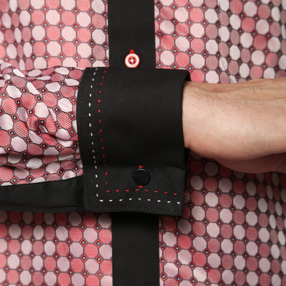 Men's Red & Black Circle Print Satin Dress Shirt – High Collar, French Cuff | Ferrecci Hi-1028