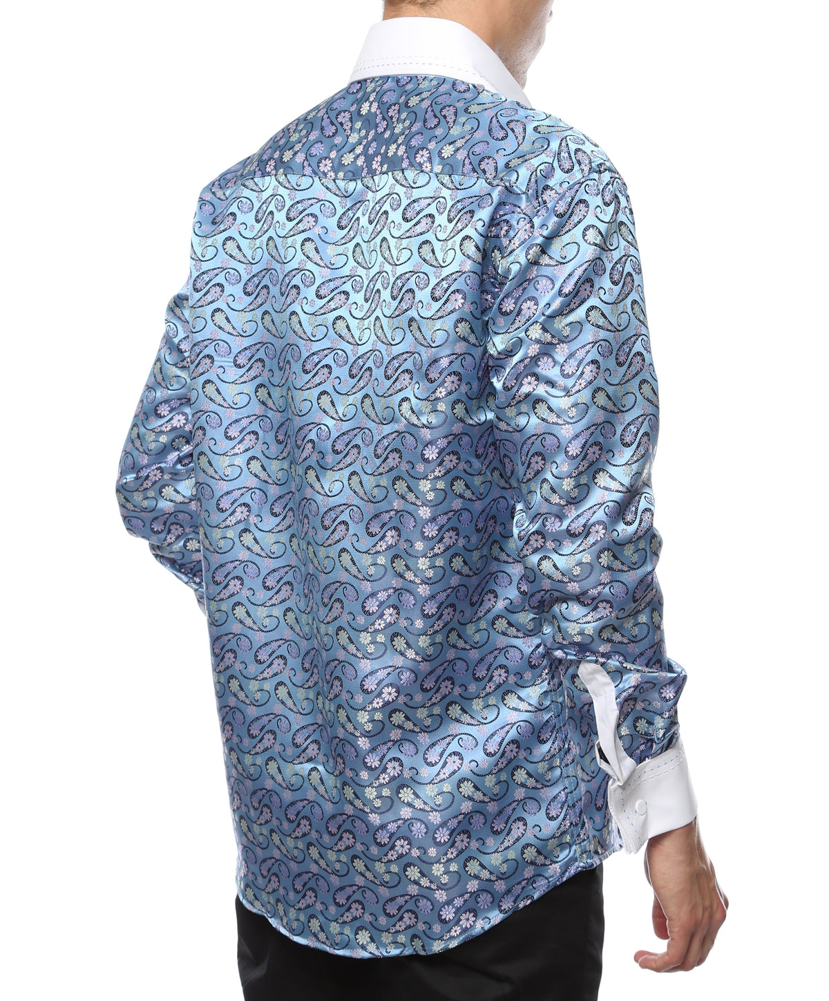 Men's White & Blue Floral Satin Dress Shirt – High Collar, French Cuff | Ferrecci Hi-1029