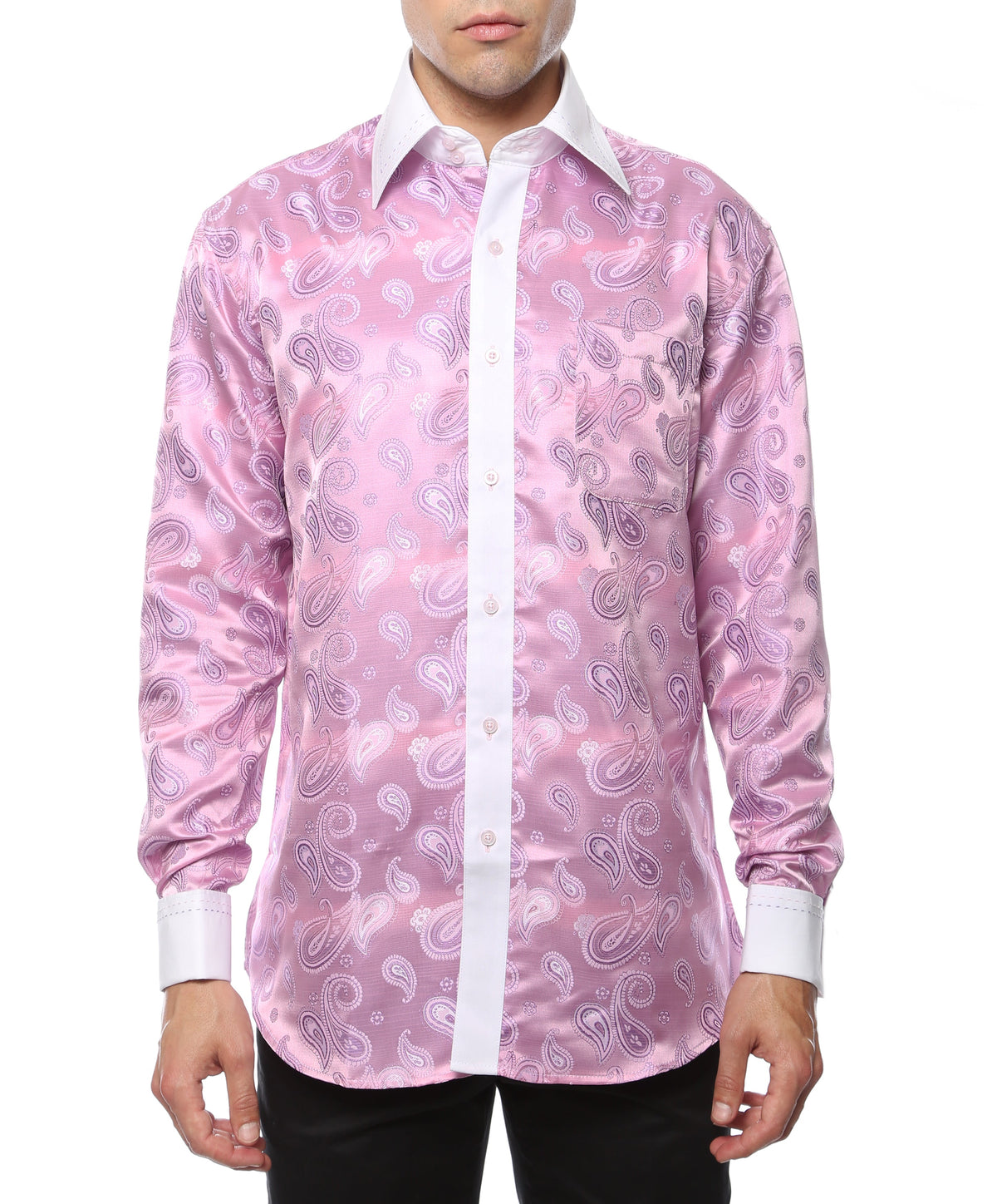 Men's Pink Paisley Satin Dress Shirt – High Collar, French Cuff | Ferrecci Hi-1030