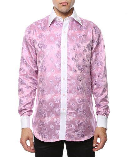 Men's Pink Paisley Satin Dress Shirt – High Collar, French Cuff | Ferrecci Hi-1030