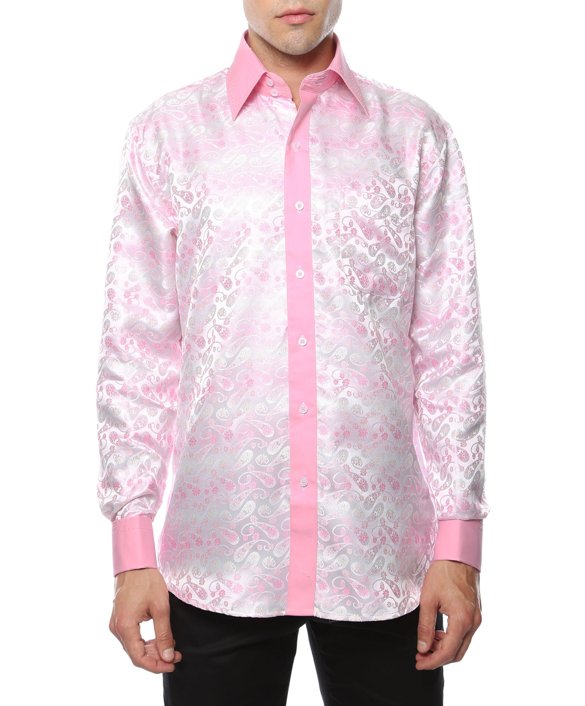 Men's Pink Floral Satin Dress Shirt – High Collar, French Cuff | Ferrecci Hi-1031