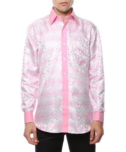 Men's Pink Floral Satin Dress Shirt – High Collar, French Cuff | Ferrecci Hi-1031