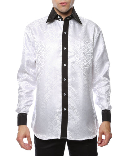 Men's White Paisley Satin Dress Shirt – High Collar, French Cuff | Ferrecci Hi-1033