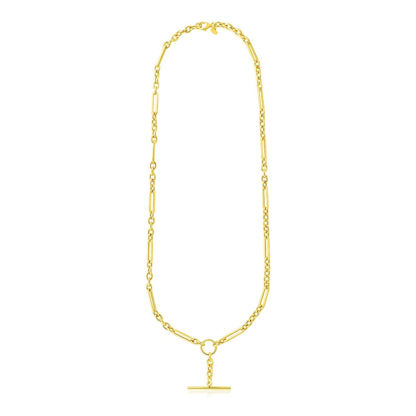 Collar de cadena de oro amarillo de 14k con óvalos y redondos alternados, y broche de barra y aro