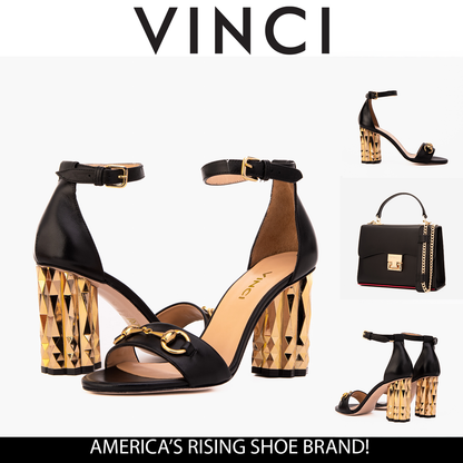 The Avlonya Block Heel Black Leather Ankle Strap Women Sandal
