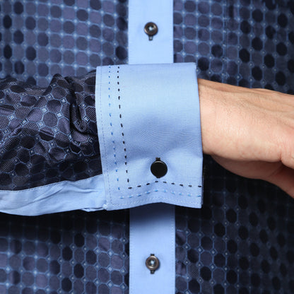 Men's Blue Circle Print Satin Dress Shirt – High Collar, French Cuff | Ferrecci Hi-1011