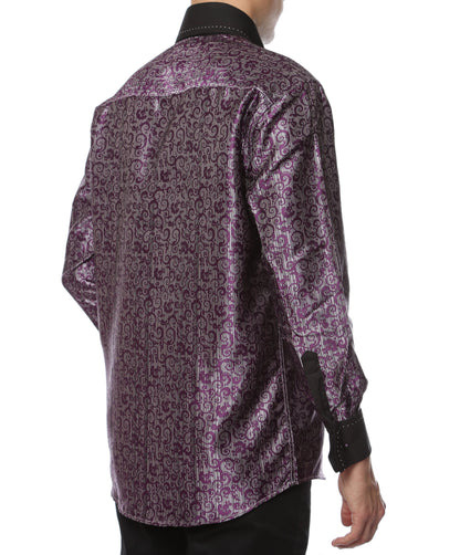 Men's Purple Baroque Scroll Satin Dress Shirt – High Collar, French Cuff | Ferrecci Hi-1007