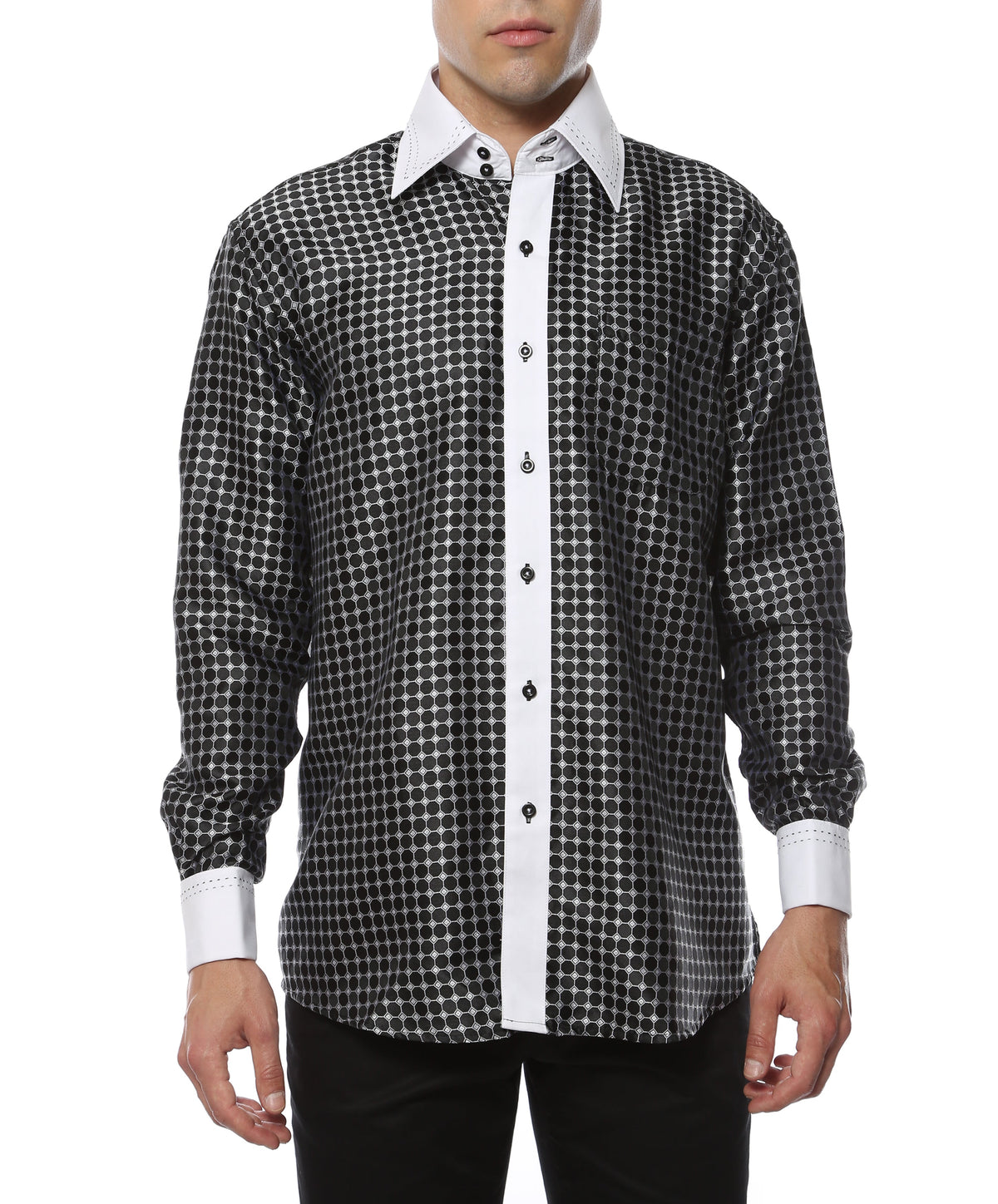 Men's Black Circle Print Satin Dress Shirt – High Collar, French Cuff | Ferrecci Hi-1005