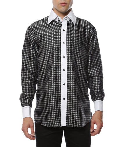 Men's Black Circle Print Satin Dress Shirt – High Collar, French Cuff | Ferrecci Hi-1005