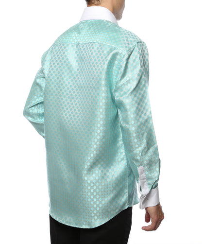 Men's Turquoise Circle Print Satin Dress Shirt – High Collar, French Cuff | Ferrecci Hi-1004