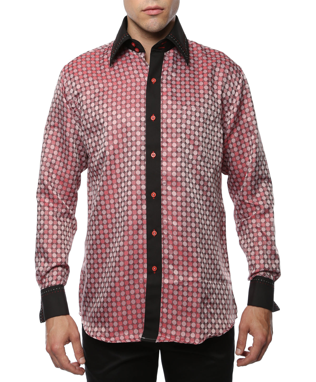 Men's Red & Black Circle Print Satin Dress Shirt – High Collar, French Cuff | Ferrecci Hi-1028