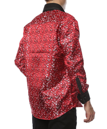 Men's Red & Black Floral Satin Dress Shirt – High Collar, French Cuff | Ferrecci Hi-1015