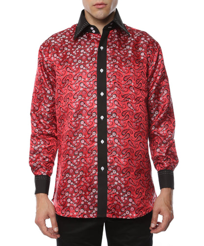 Men's Red & Black Floral Satin Dress Shirt – High Collar, French Cuff | Ferrecci Hi-1015