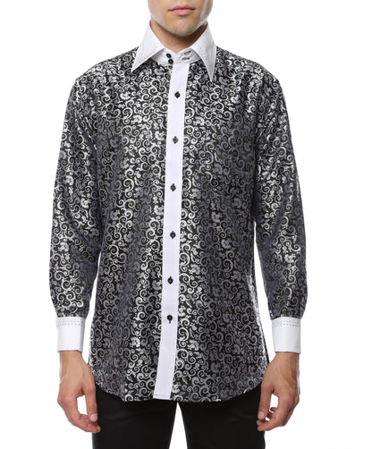 Men's Black & White Baroque Scroll Satin Dress Shirt – High Collar, French Cuff | Ferrecci Hi-1006