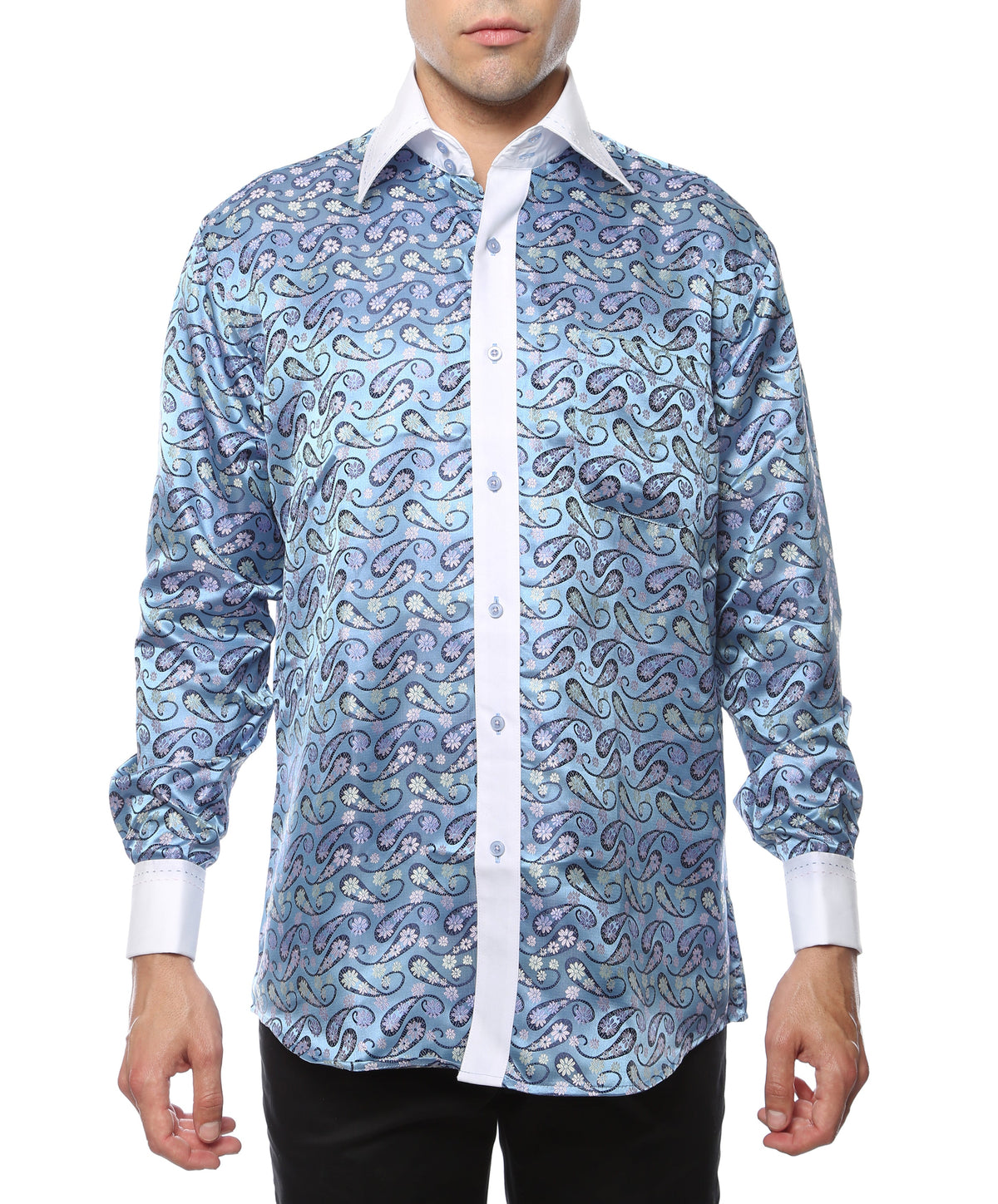 Men's White & Blue Floral Satin Dress Shirt – High Collar, French Cuff | Ferrecci Hi-1029