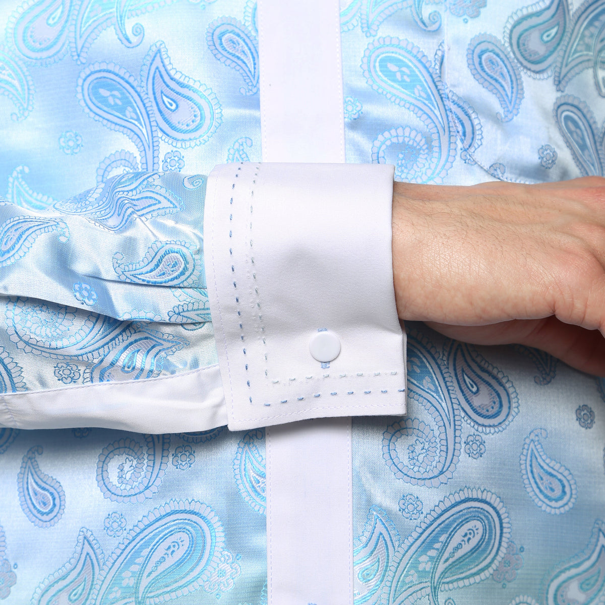 Men's Turquoise Paisley Satin Dress Shirt – High Collar, French Cuff | Ferrecci Hi-1025