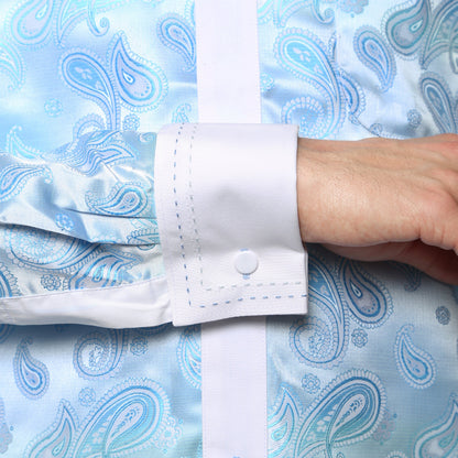 Men's Turquoise Paisley Satin Dress Shirt – High Collar, French Cuff | Ferrecci Hi-1025