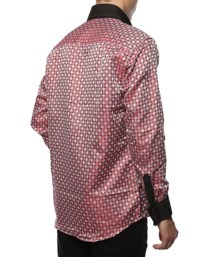 Men's Red & Black Circle Print Satin Dress Shirt – High Collar, French Cuff | Ferrecci Hi-1028