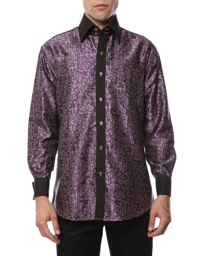 Men's Purple Baroque Scroll Satin Dress Shirt – High Collar, French Cuff | Ferrecci Hi-1007