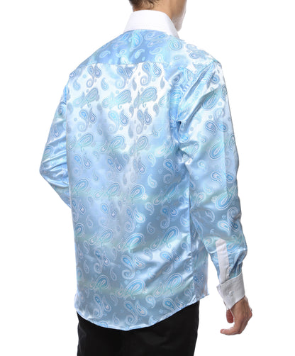 Men's Turquoise Paisley Satin Dress Shirt – High Collar, French Cuff | Ferrecci Hi-1025