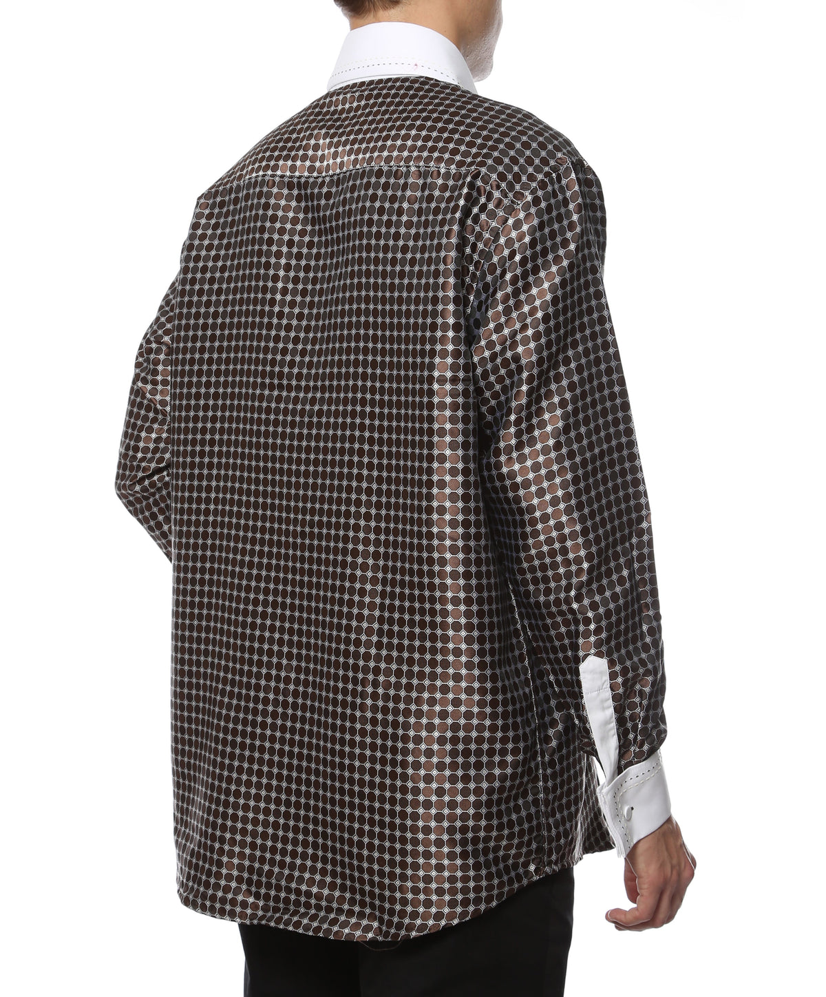 Men's Brown Circle Print Satin Dress Shirt – High Collar, French Cuff | Ferrecci Hi-1022