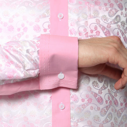 Men's Pink Floral Satin Dress Shirt – High Collar, French Cuff | Ferrecci Hi-1031