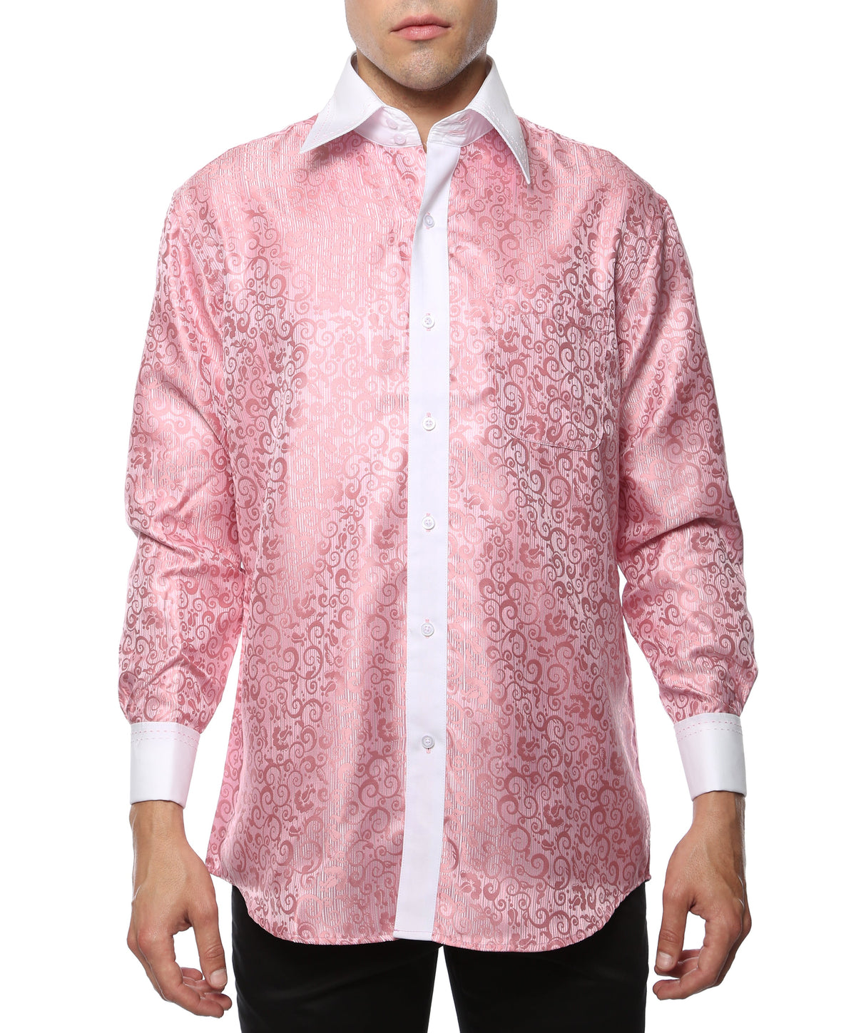 Men's Pink Baroque Scroll Satin Dress Shirt – High Collar, French Cuff | Ferrecci Hi-1027