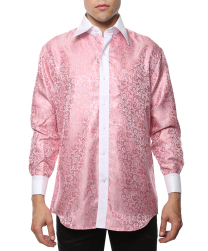 Men's Pink Baroque Scroll Satin Dress Shirt – High Collar, French Cuff | Ferrecci Hi-1027