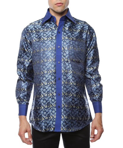 Men's Blue Paisley Floral Satin Dress Shirt – High Collar, French Cuff | Ferrecci Hi-1009