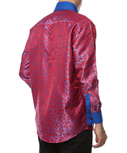Men's Red & Blue Baroque Scroll Satin Dress Shirt – High Collar, French Cuff | Ferrecci Hi-1017