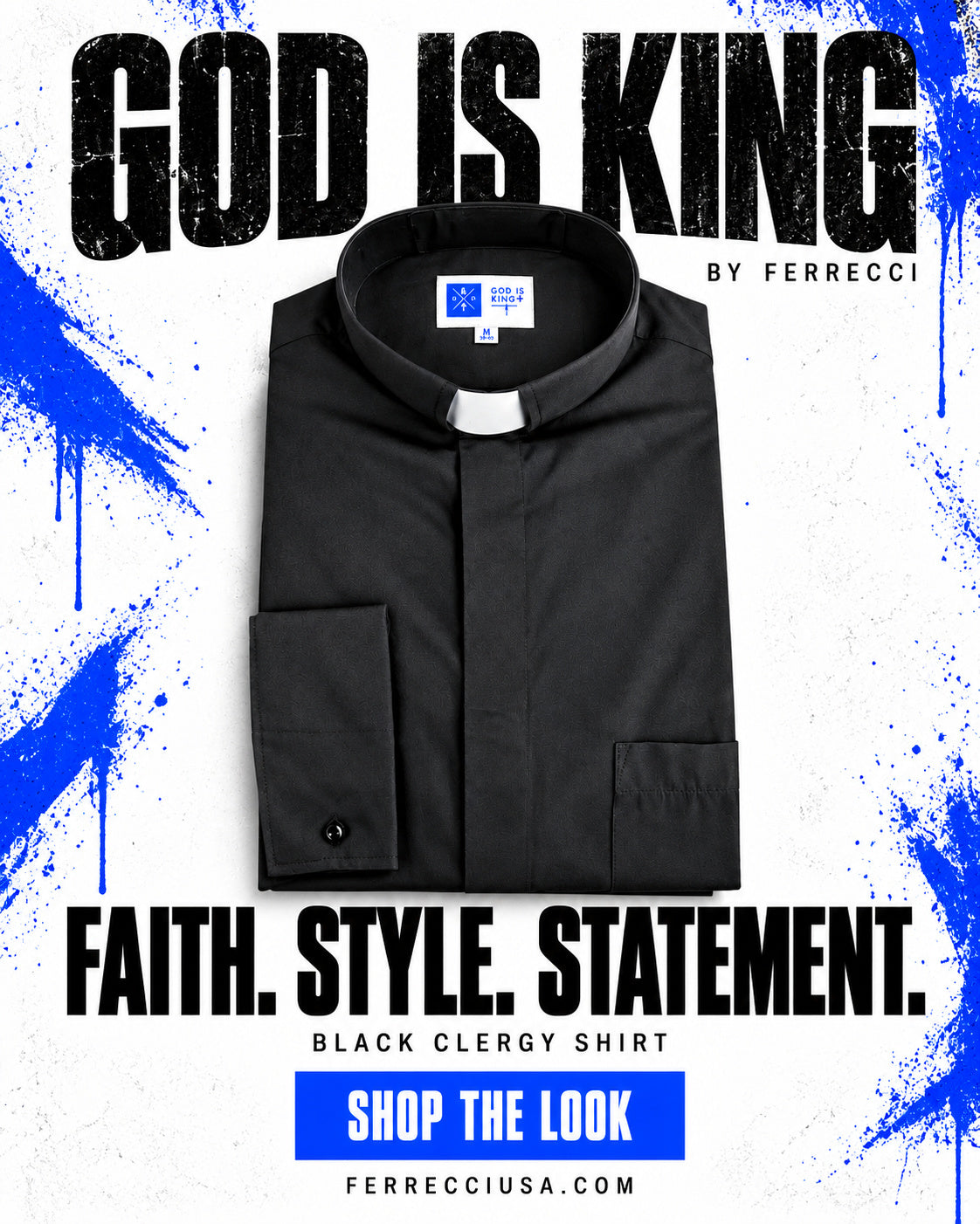 Men's Clergy Shirt with Tab Collar – Black or White, S to 7XL