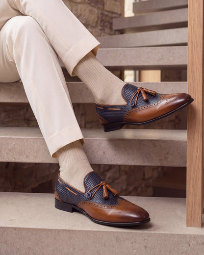 The Istanbul Tan & Navy Blue Leather Tassel Loafer Men Shoe