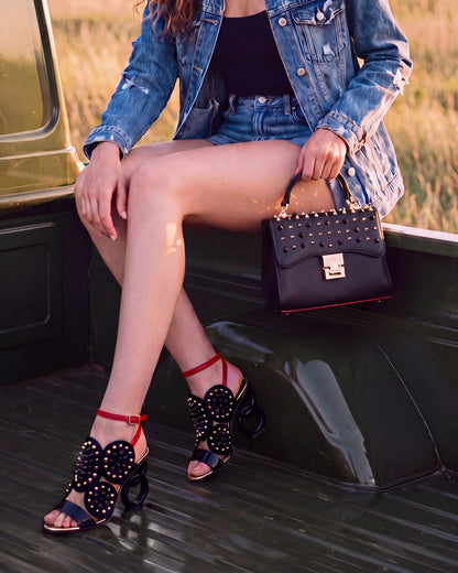 The Infanta Black Spike Leather Ankle Strap Women Sandal