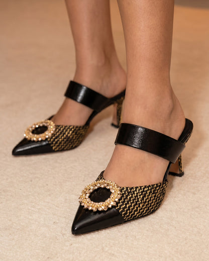 The Valencia Black & Gold Jewel Heel Women Mule Sandal