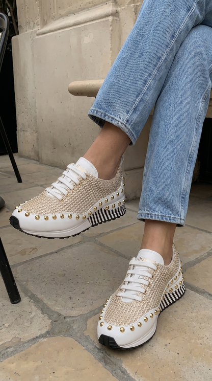 The Aurelia White Gold Woven Leather Women Sneaker