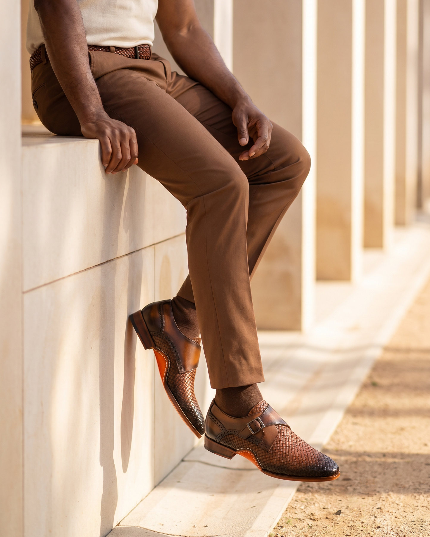 The Rolls  Woven Tan Leather Single Monk Strap  Handmade Men Shoe
