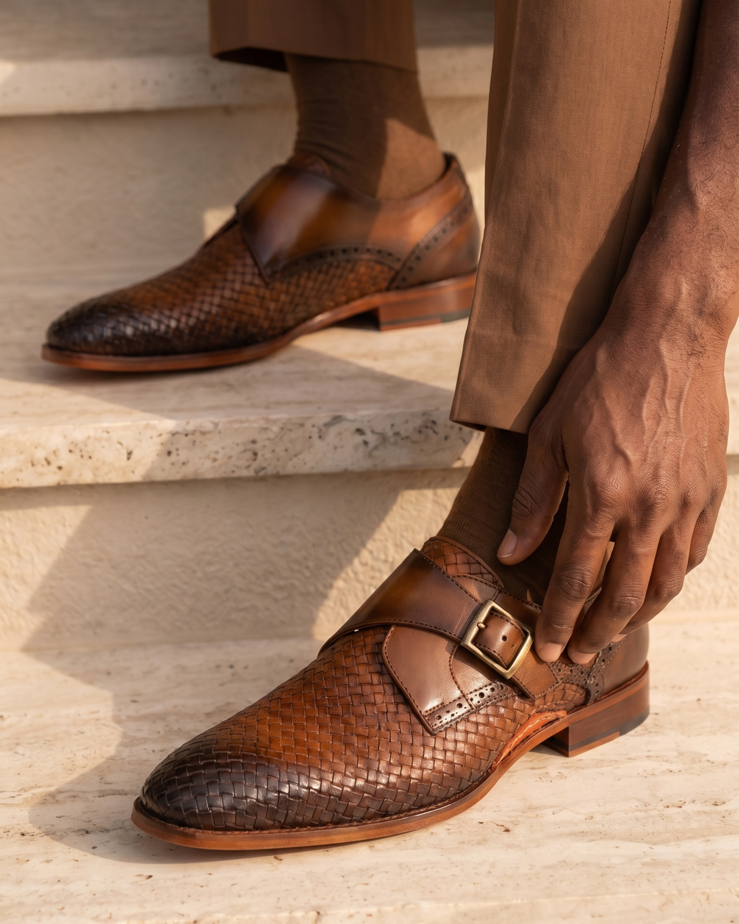 The Rolls  Woven Tan Leather Single Monk Strap  Handmade Men Shoe
