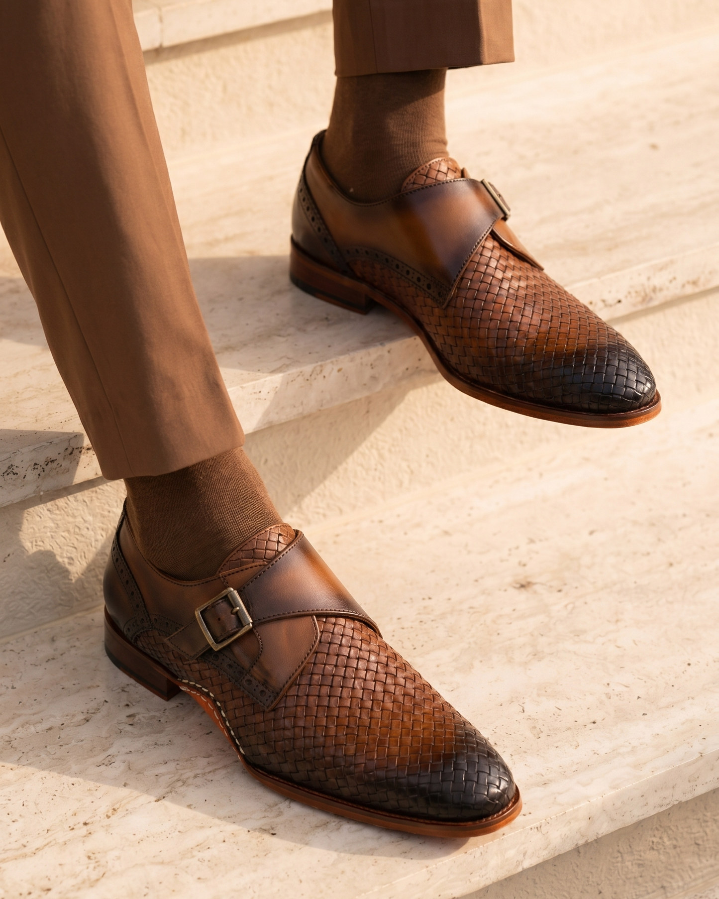 The Rolls  Woven Tan Leather Single Monk Strap  Handmade Men Shoe