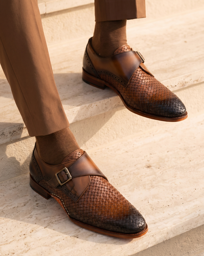 The Rolls  Woven Tan Leather Single Monk Strap  Handmade Men Shoe