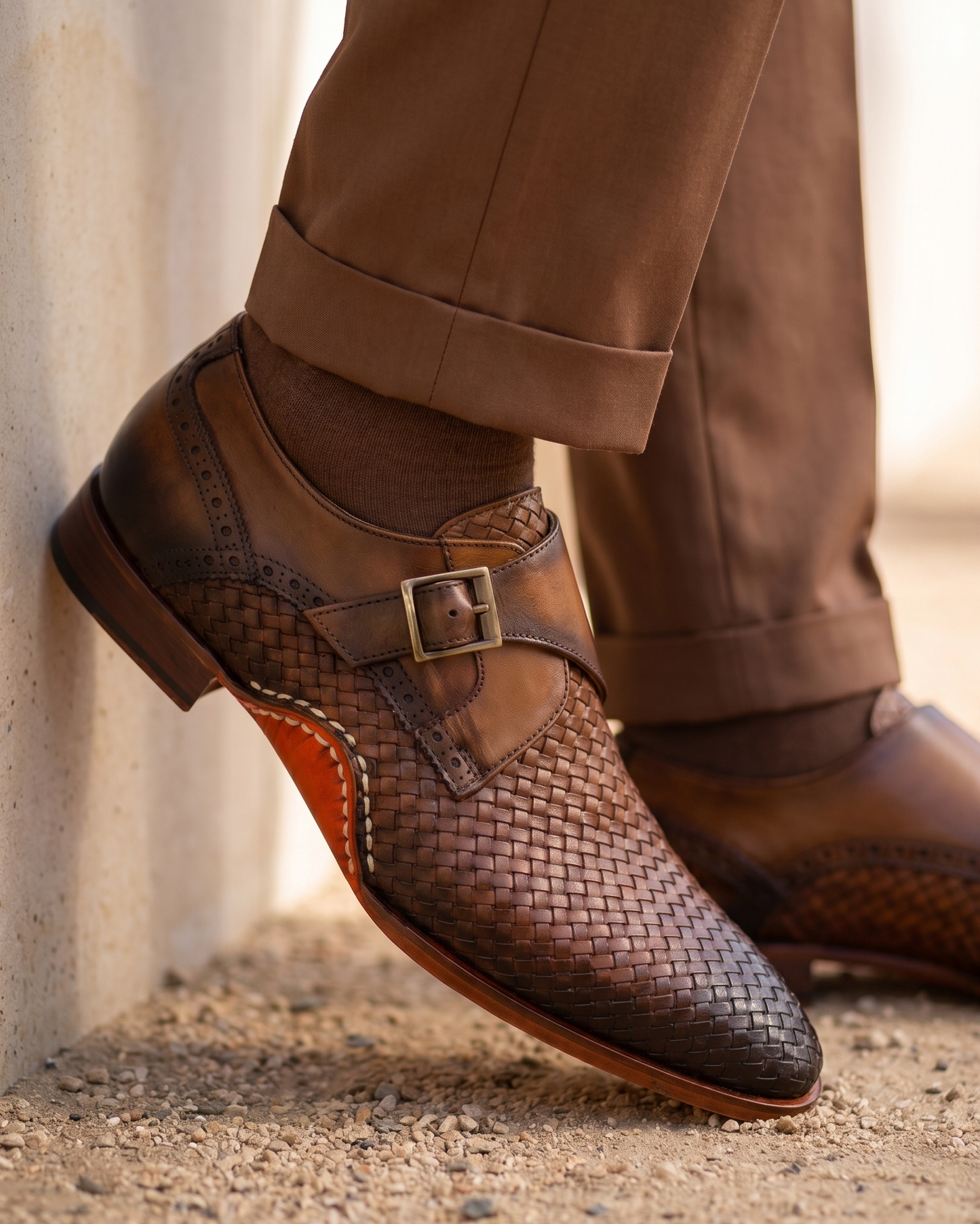 The Rolls  Woven Tan Leather Single Monk Strap  Handmade Men Shoe