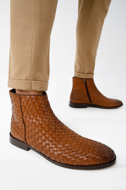 The Wellington Tan Handwoven Leather Men Boot with a Zipper Final Sale!